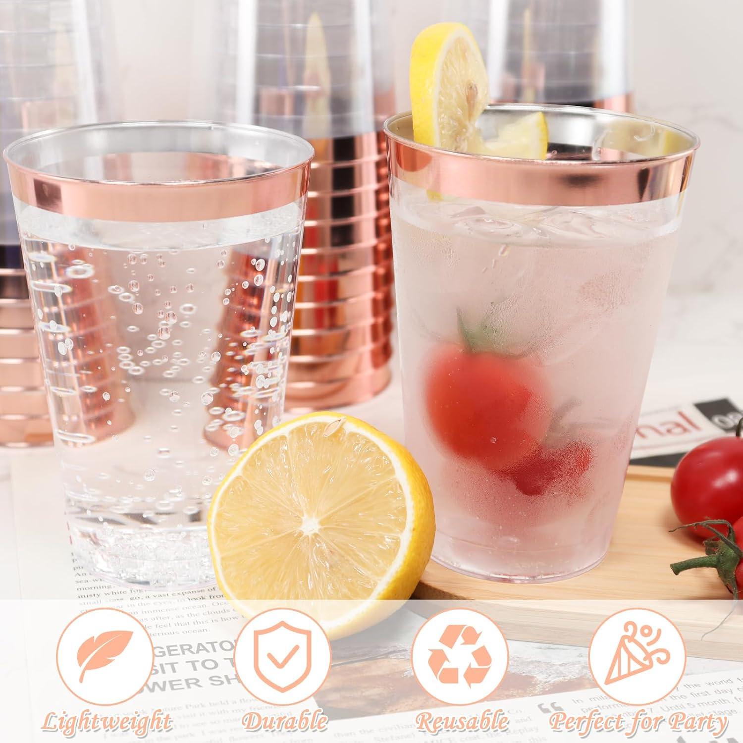 60 Stück 350ml Rosa Plastikbecher mit Roségold Rand, Wiederverwendbar, elegant für Party, Geburtstag, Hochzeit