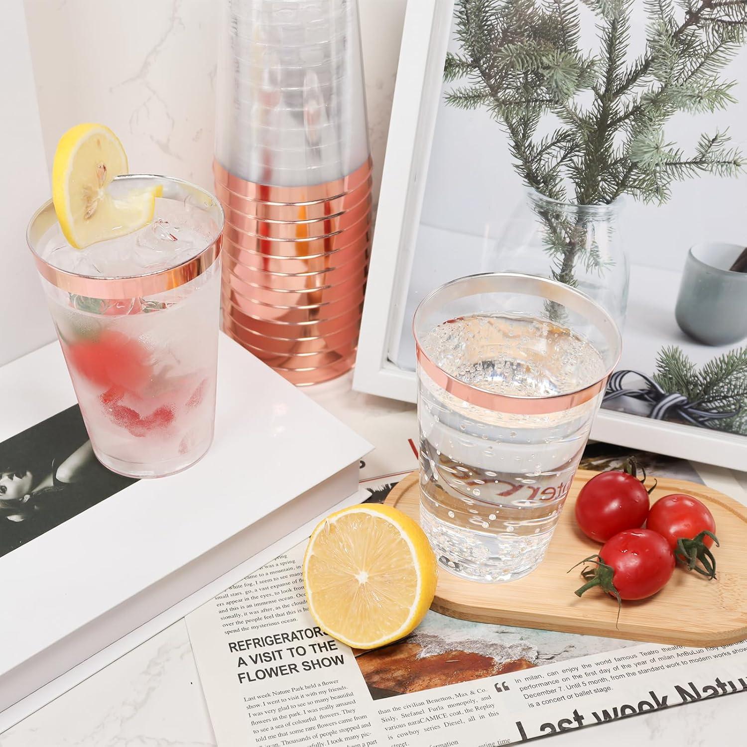 60 Stück 350ml Rosa Plastikbecher mit Roségold Rand, Wiederverwendbar, elegant für Party, Geburtstag, Hochzeit