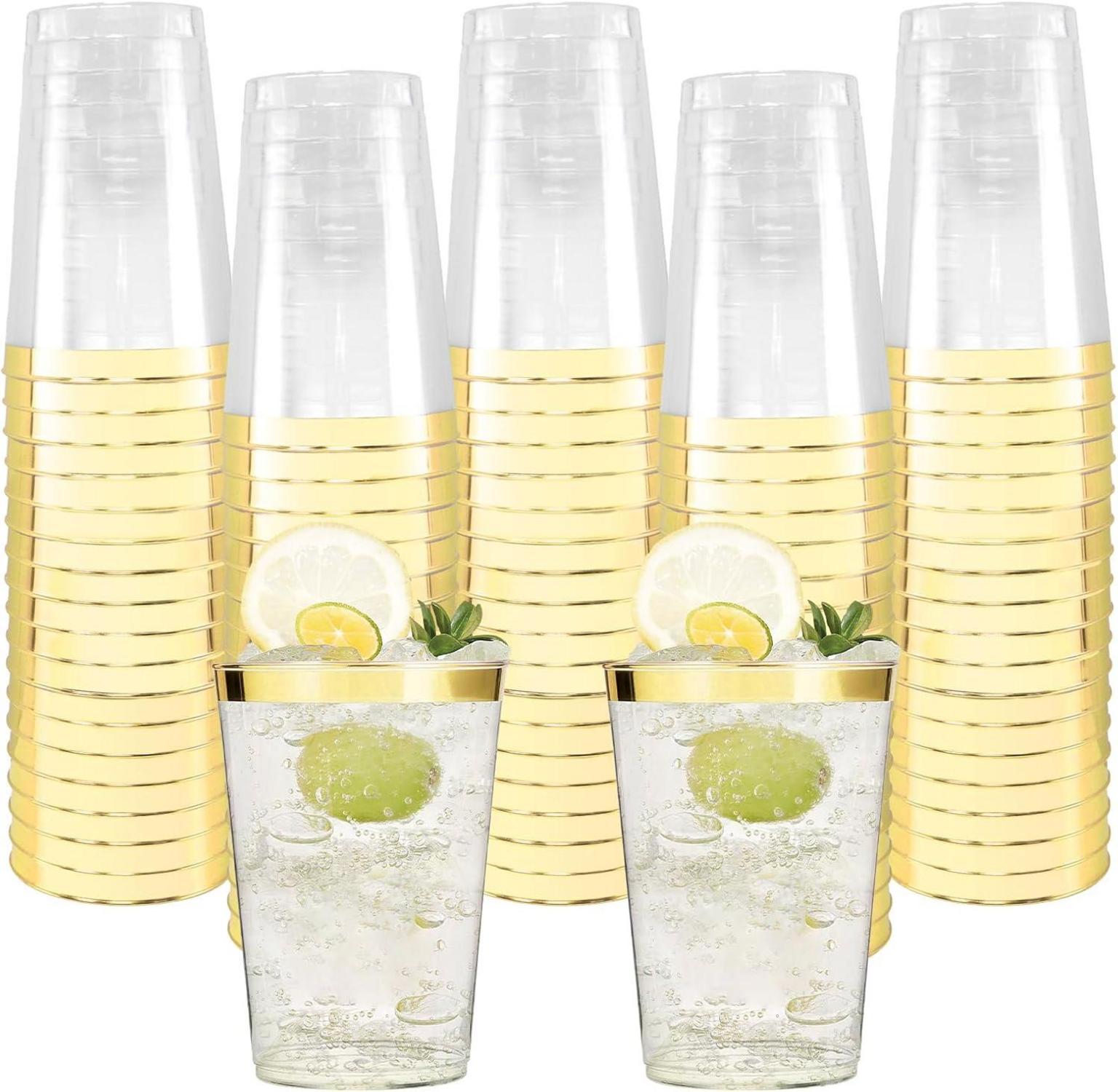 60 Stück Goldene Plastikbecher 350ml Elegant Transparent