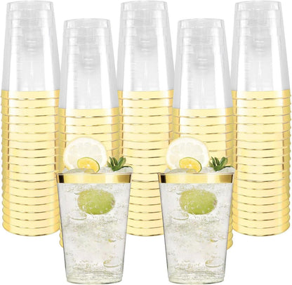 60 Stück Goldene Plastikbecher 350ml Elegant Transparent