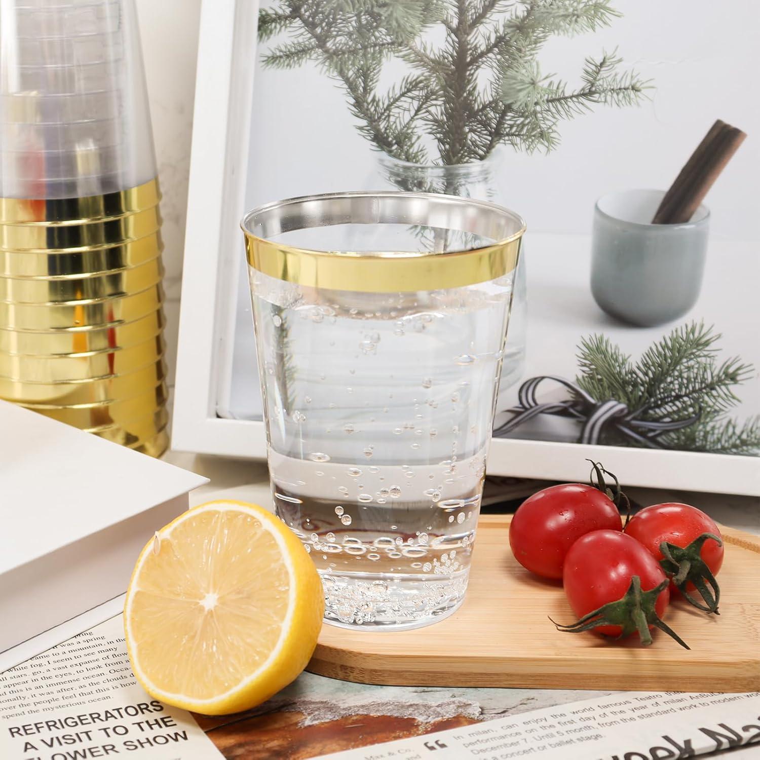 60 Stück Goldene Plastikbecher 350ml Elegant Transparent