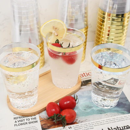 60 Stück Gold Rand Plastikbecher 350ml Transparent Cocktail