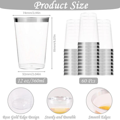 60 Stück Plastikbecher 350ml Wiederverwendbar Silber Rand