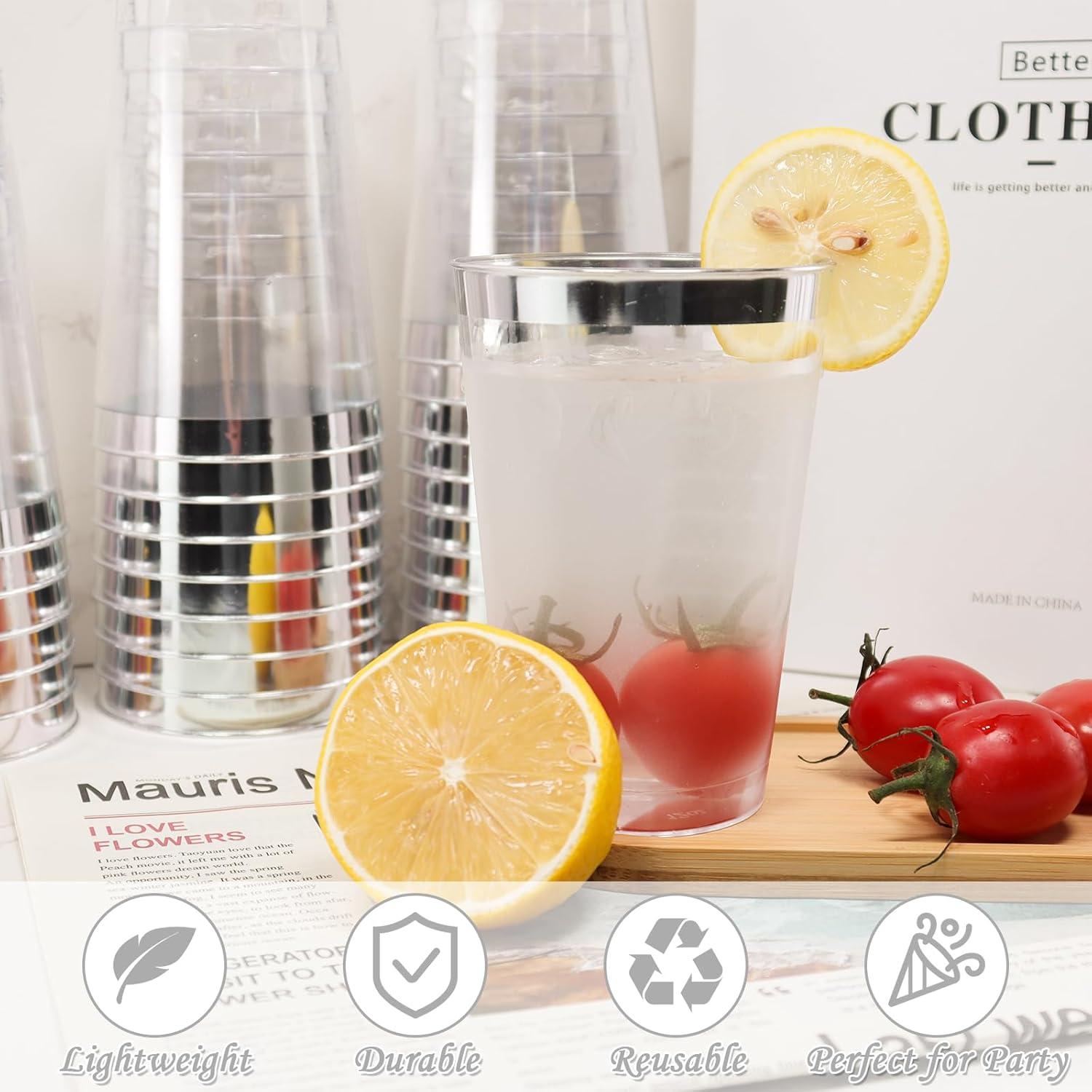 60er Pack Plastikbecher mit Silber Rand 350ml 12oz Elegant Transparent Wiederverwendbar Cocktail Hochzeit Party Becher