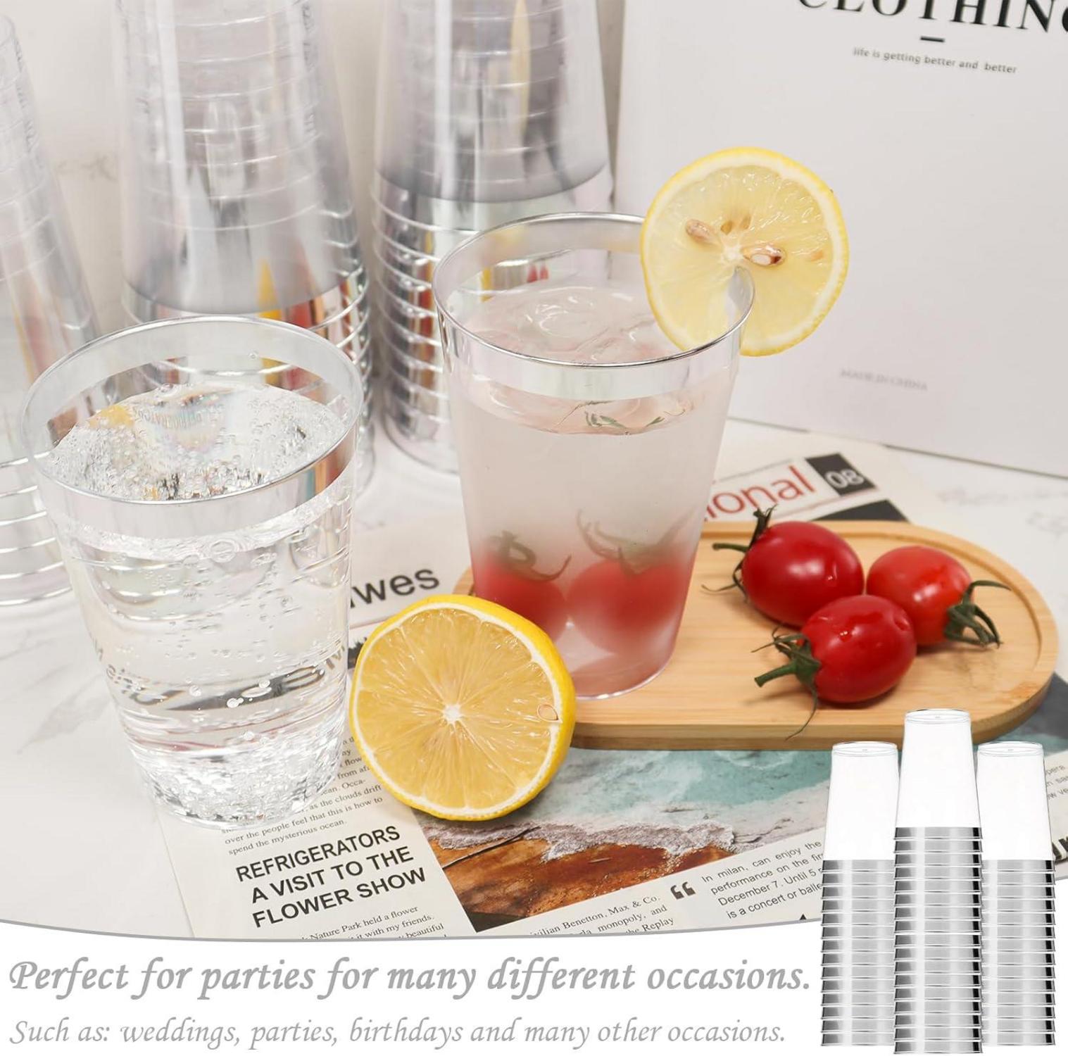 60x Plastikbecher mit Silber Rand 350ml wiederverwendbar Elegant Cocktail