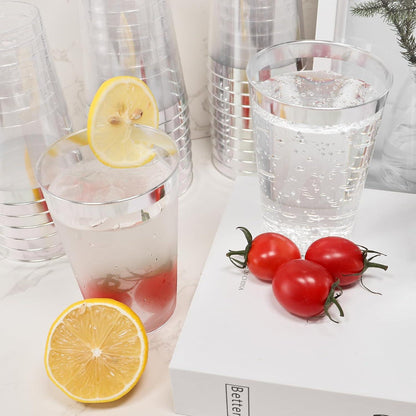 60er Pack Plastikbecher mit Silber Rand 350ml 12oz Elegant Transparent Wiederverwendbar Cocktail Hochzeit Party Becher