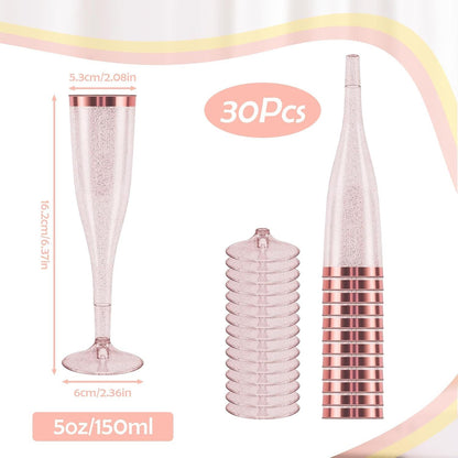 30x Sektgläser 150ml Rose Gold Glitter Kunststoff Outdoor Hochzeit Party