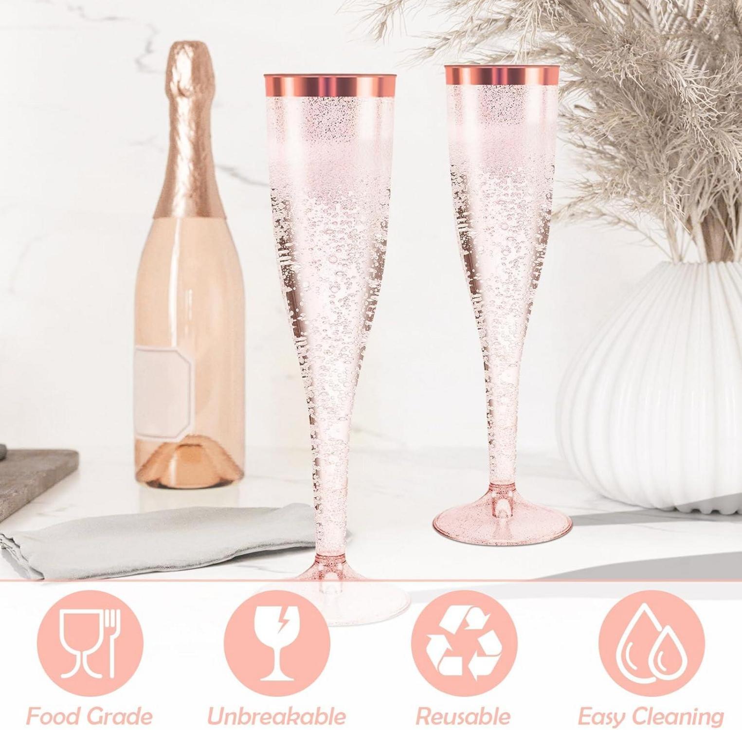 30x Sektgläser Plastik 150ml Roségold Kante Glitter Mehrweg