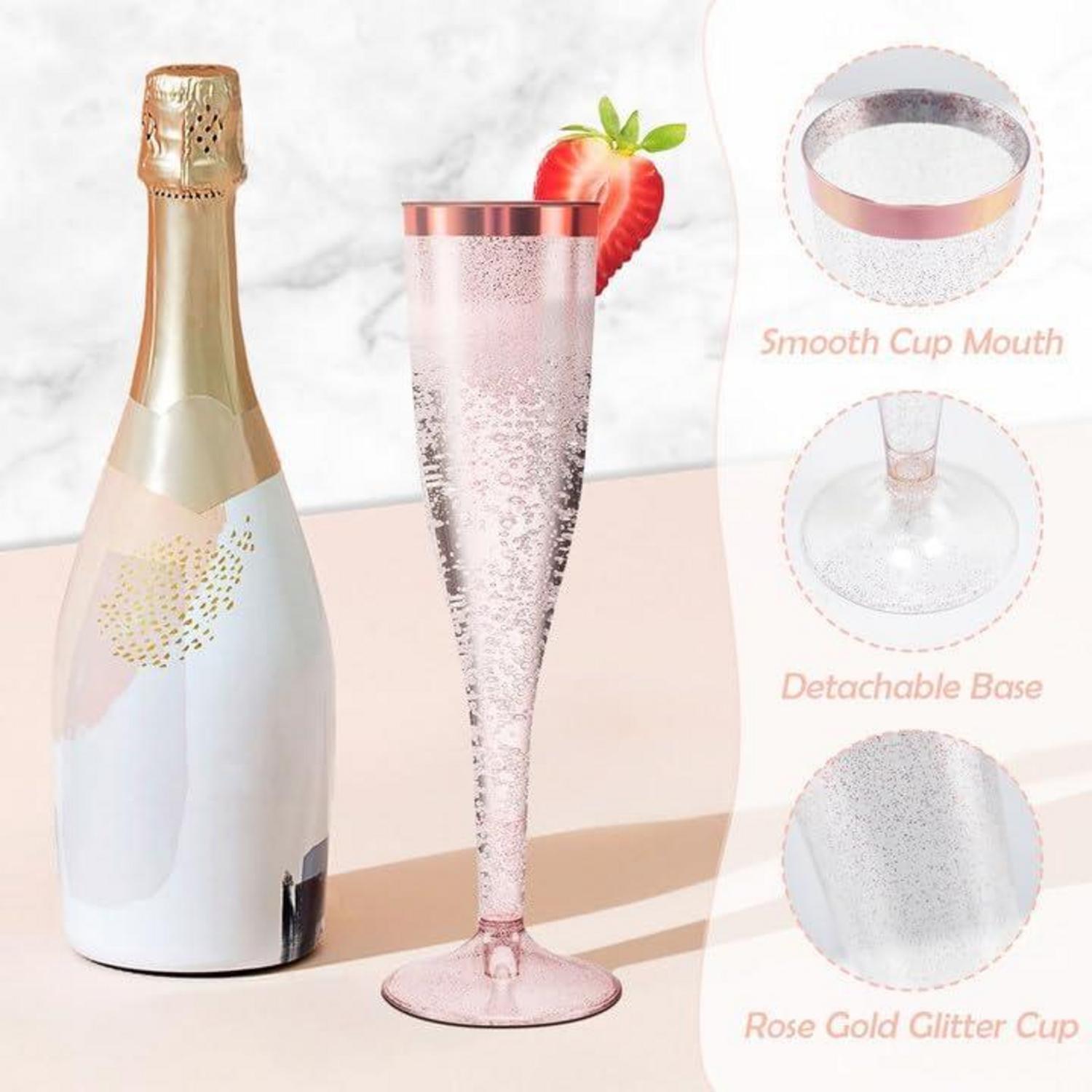 30x Sektgläser Plastik 150ml Roségold Kante Glitter Mehrweg