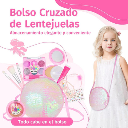 Anpro Kinder-Make-up-Set mit glitzernder Umhängetasche & Schmuck