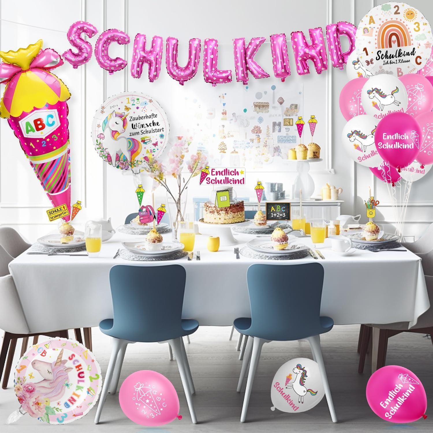 Einschulung Deko Set Mädchen Schulkind Luftballons Tortendeko Zuckertüte Folienballon Rosa