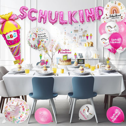 Einschulung Deko Set Mädchen Schulkind Luftballons Tortendeko Zuckertüte Folienballon Rosa