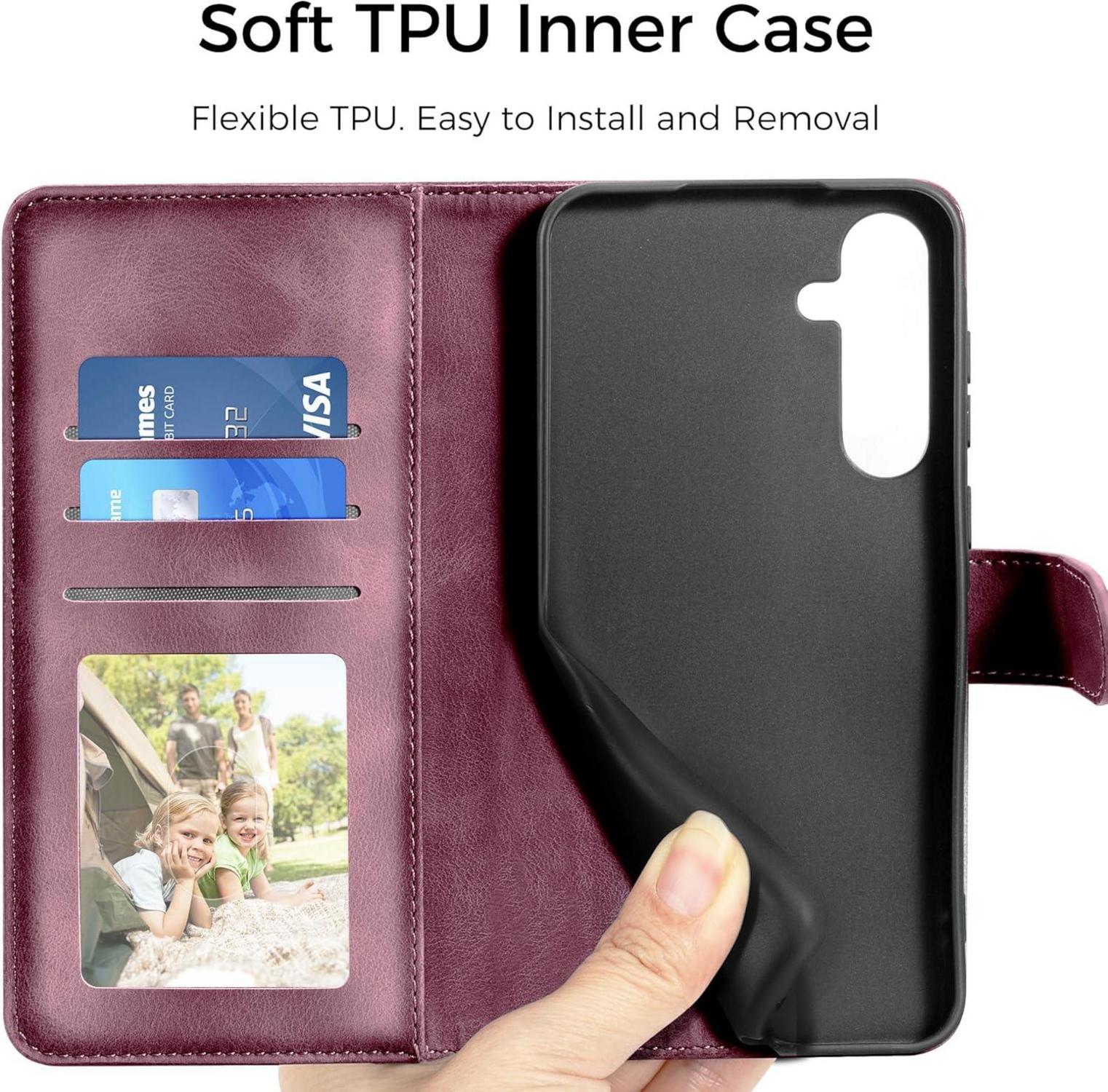 EASDNB Samsung Galaxy A25 Lederhülle Weinrot Flip Wallet