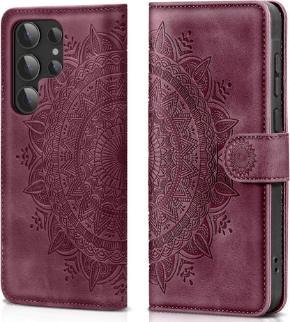 Handyhülle für Samsung Galaxy S24 Ultra - Flip Wallet Tasche mit Standfunktion und Kartenfach - Weinrot