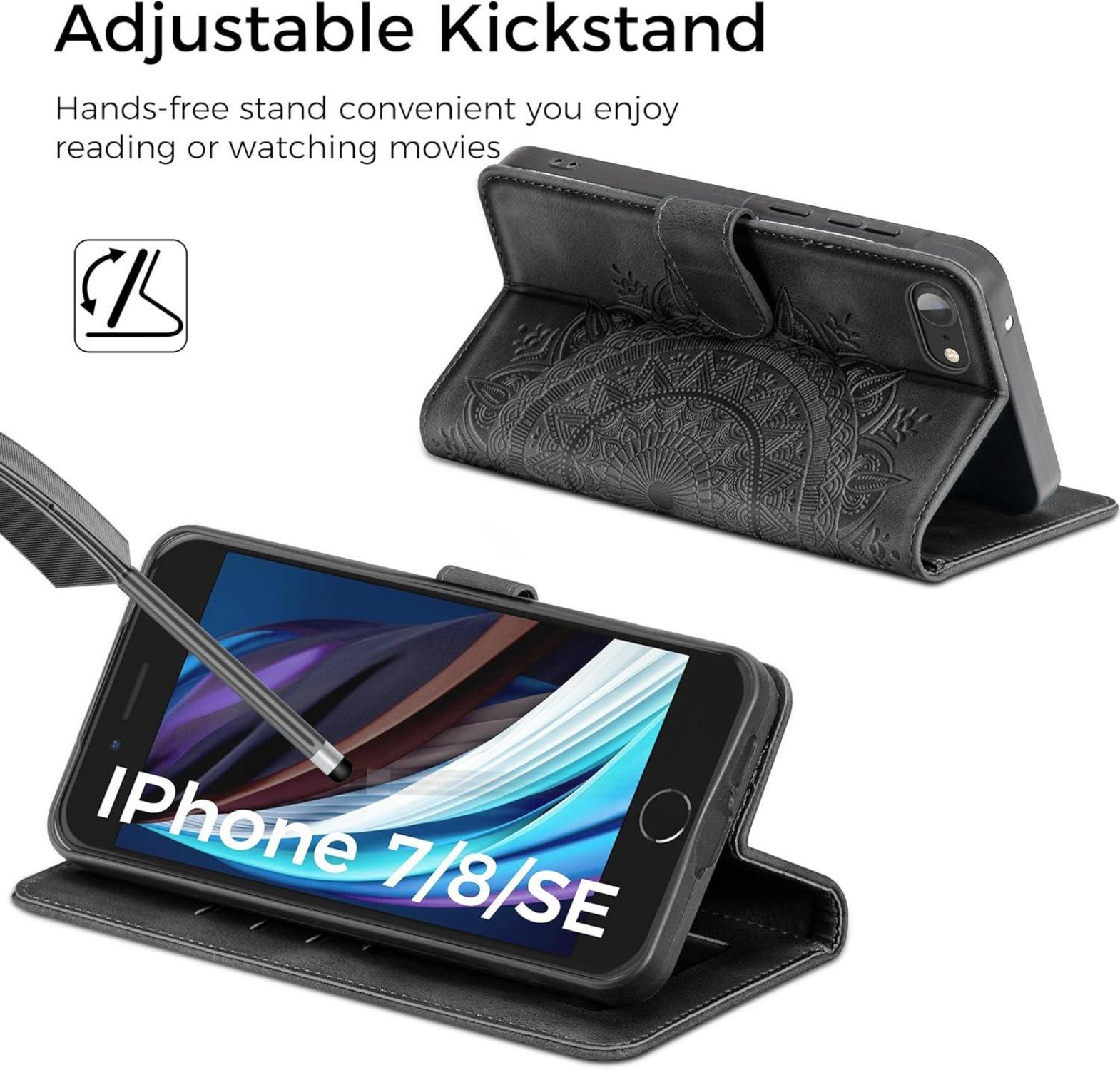 Handyhülle iPhone SE 2022/2020 7 8 Schwarz Leder Flip Hülle