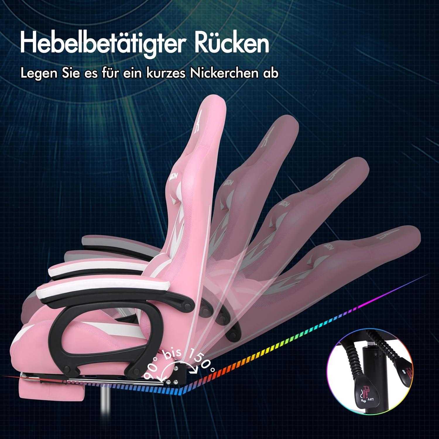 Racing Gaming Stuhl mit Massage und LED RGB Beleuchtung, Rosa