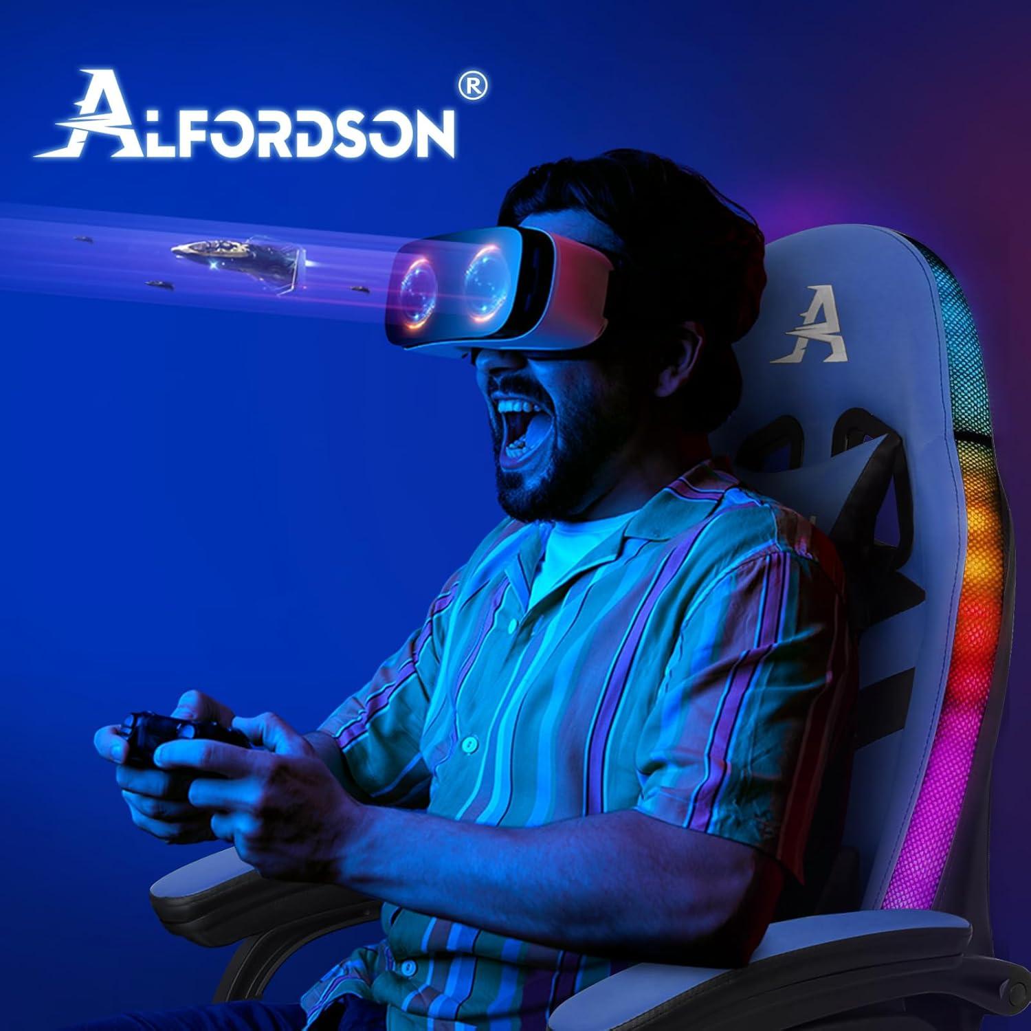 Gaming Stuhl LED Massage RGB Lordosenstütze Fußstütze PU Leder Blau