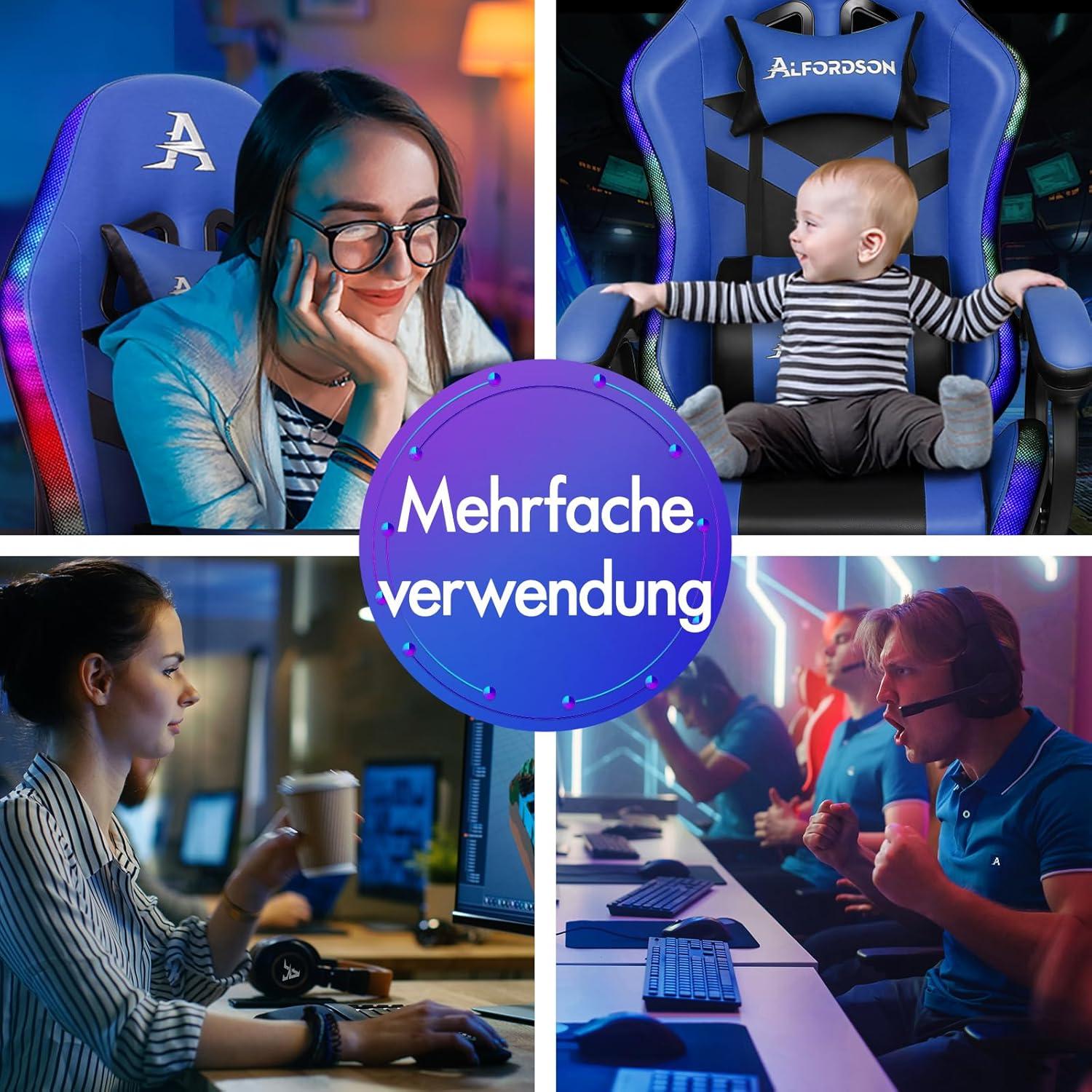 ALFORDSON Racing Gaming Stuhl mit Massage, 12 LED Farben, Ergonomisch, Fußstütze, Blau - Serie Marc
