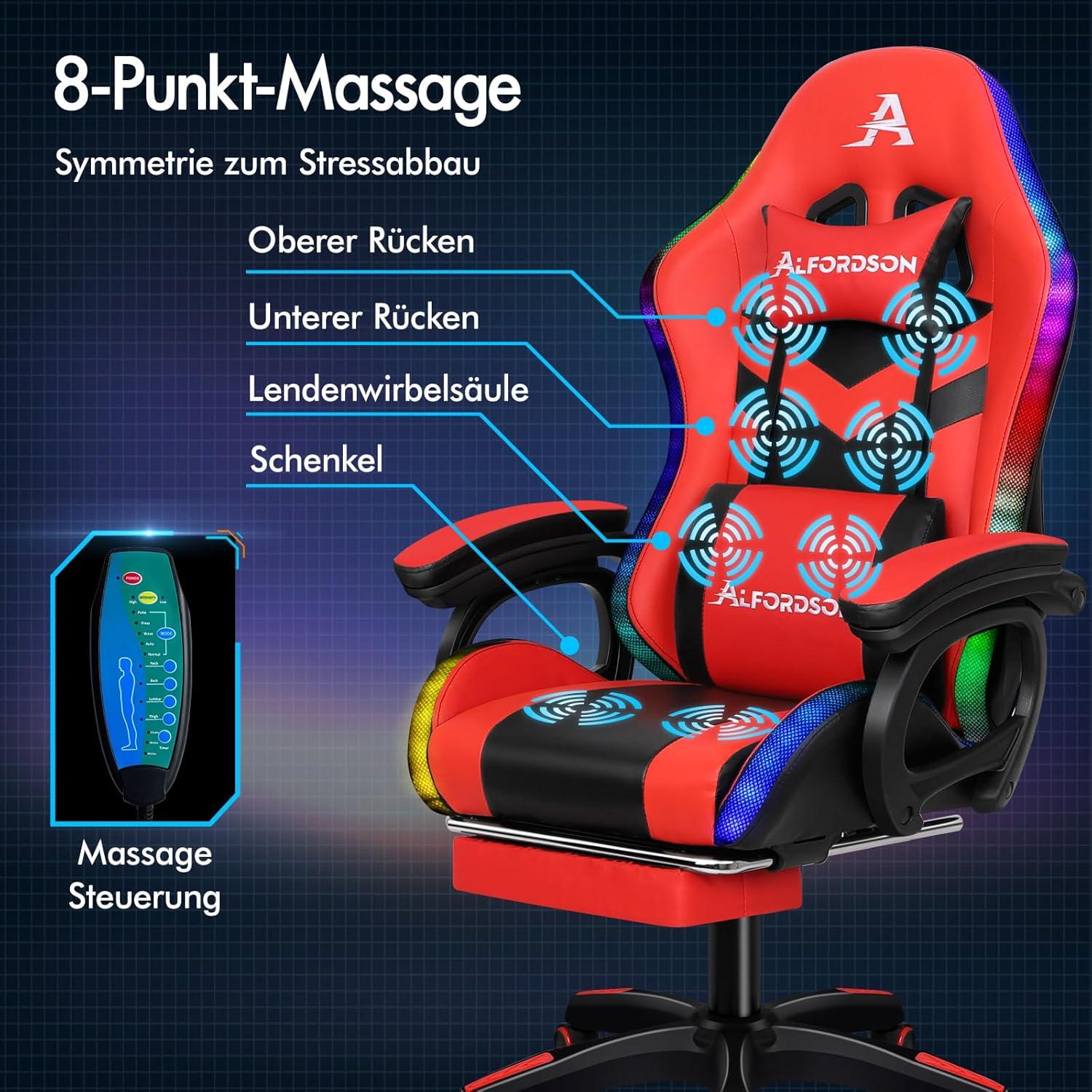 ALFORDSON Racing Gaming Stuhl Massage Gamer Sessel 12 LED Farben RGB Lordosenstütze Liegestuhl Fußstütze PU Leder Rot Serie