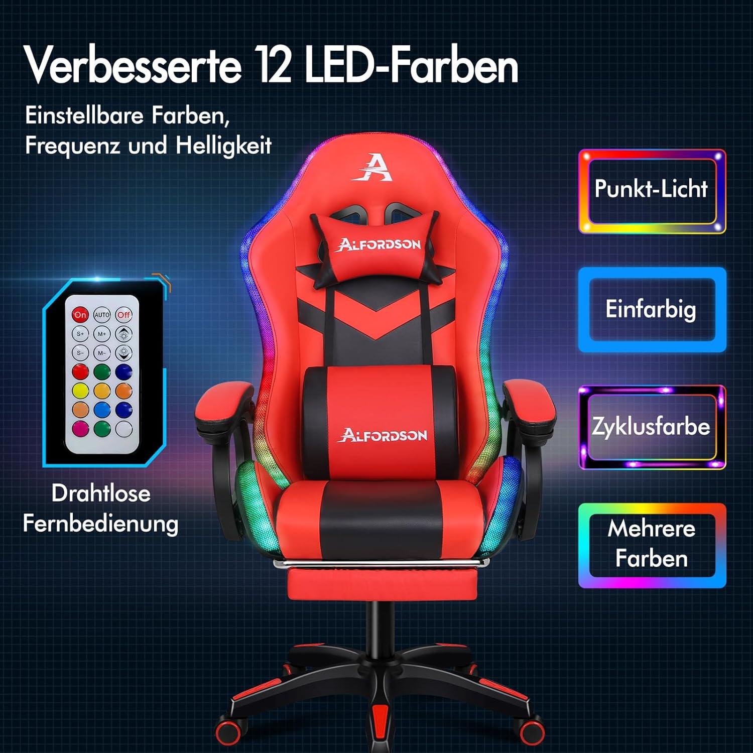 ALFORDSON Racing Gaming Stuhl LED RGB Massage PU Leder Rot - Serie