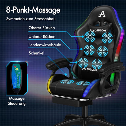 Gaming Stuhl Massage Gamer mit LED Farben RGB Beleuchtung Lordosenstütze Fußstütze PU Leder Schwarz