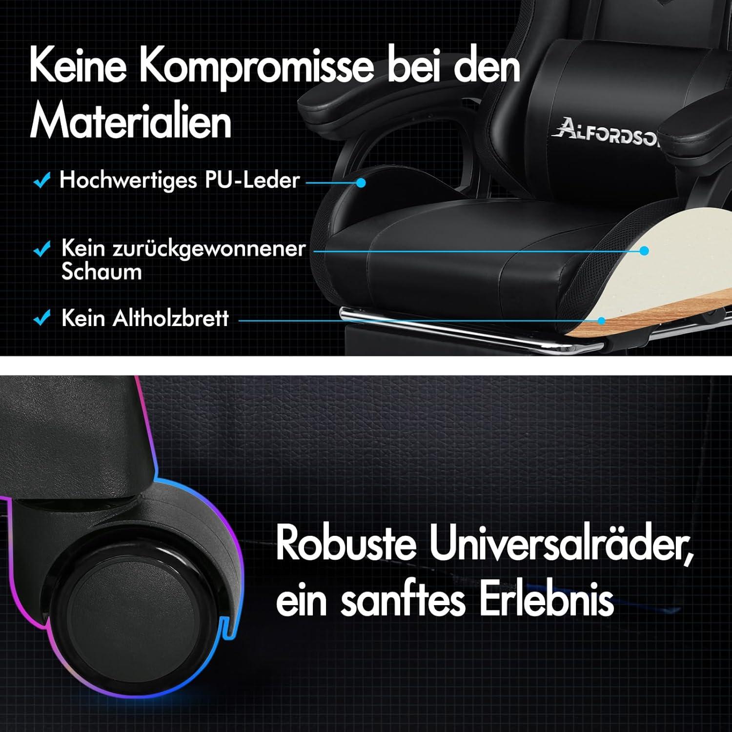 Racing Gaming Stuhl LED Massage Gamer Fußstütze Ergonomisch Schwarz