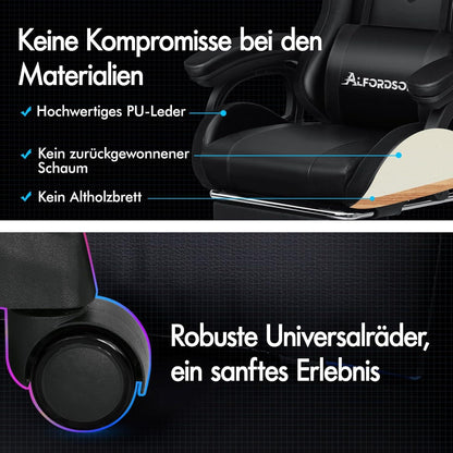 Racing Gaming Stuhl LED Massage Gamer Fußstütze Ergonomisch Schwarz