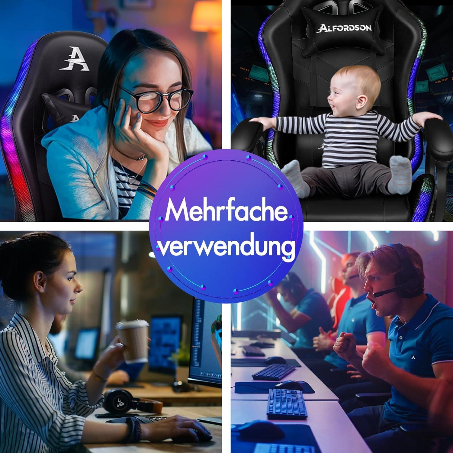 Gaming Stuhl Massage Gamer mit LED Farben RGB Beleuchtung Lordosenstütze Fußstütze PU Leder Schwarz