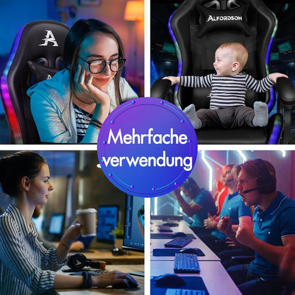 Gaming Stuhl Massage Gamer mit LED Farben RGB Beleuchtung Lordosenstütze Fußstütze PU Leder Schwarz