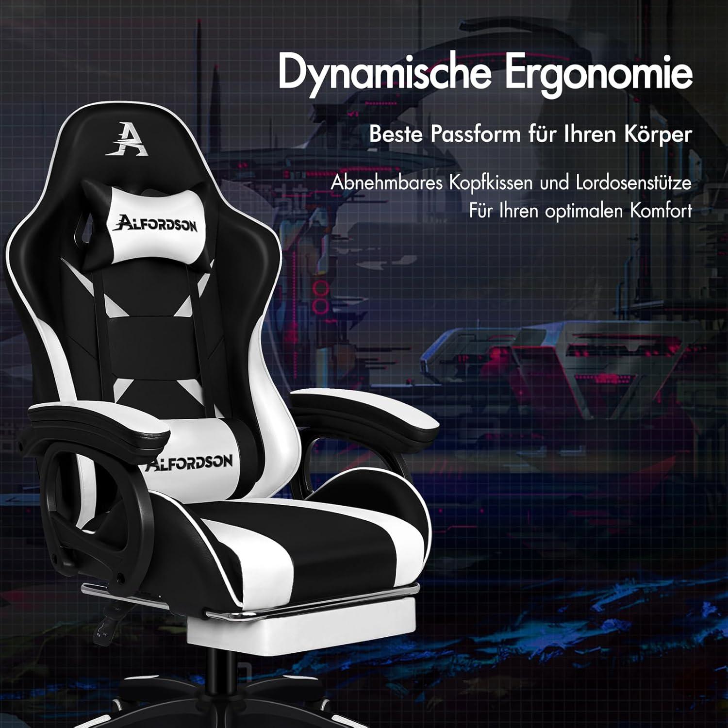 ALFORDSON Gaming-Stuhl mit 2-Punkt-Massage, ergonomisch, höhenverstellbar, PU-Leder, Weiß*Xavier