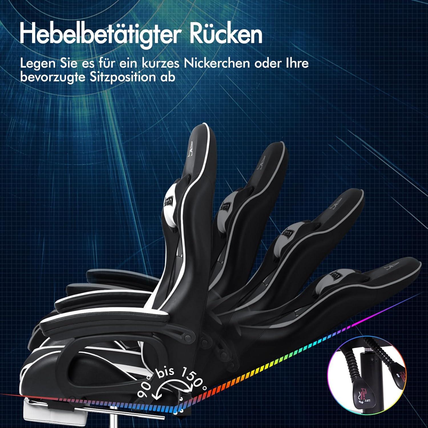 Gaming-Stuhl mit Massage Lendenkissen höhenverstellbar Weiß PU-Leder