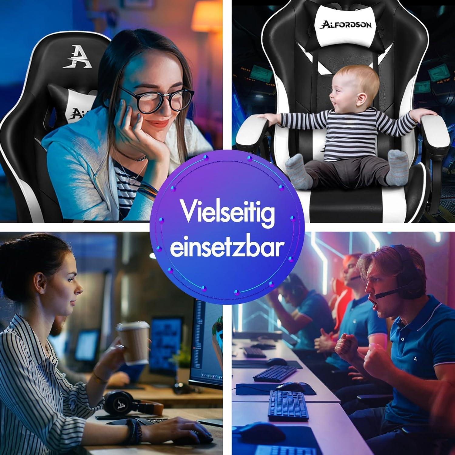 ALFORDSON Gaming-Stuhl mit 2-Punkt-Massage, ergonomisch, höhenverstellbar, PU-Leder, Weiß*Xavier