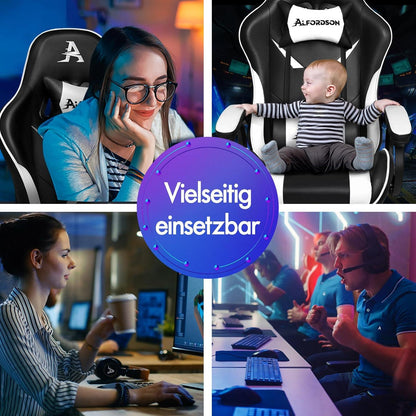 ALFORDSON Gaming-Stuhl mit 2-Punkt-Massage, ergonomisch, höhenverstellbar, PU-Leder, Weiß*Xavier