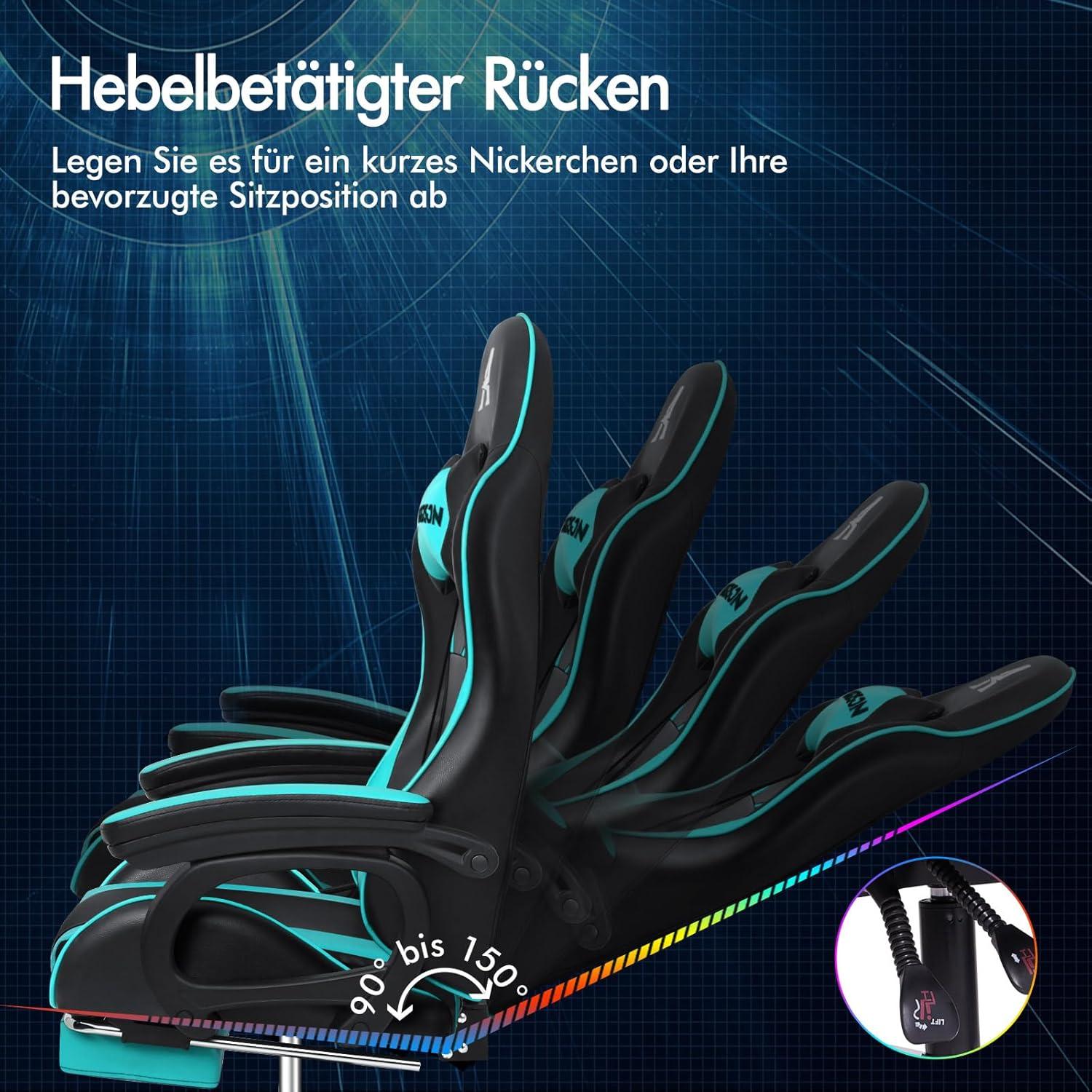 Ergonomischer Gaming-Stuhl mit Massage Lendenkissen höhenverstellbar - Cyan