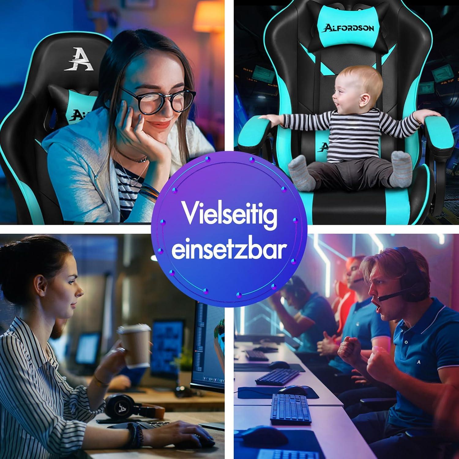Gaming-Stuhl mit 2-Punkt-Massage Lendenkissen höhenverstellbar PU-Leder Blau
