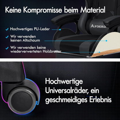 Gaming-Stuhl mit Massage, Lendenkissen, höhenverstellbar, Grau Xavier