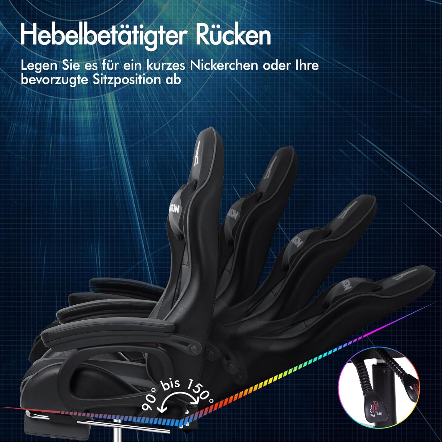 Gaming-Stuhl Racing-Gamer mit Lendenkissen Massage höhenverstellbar Grau