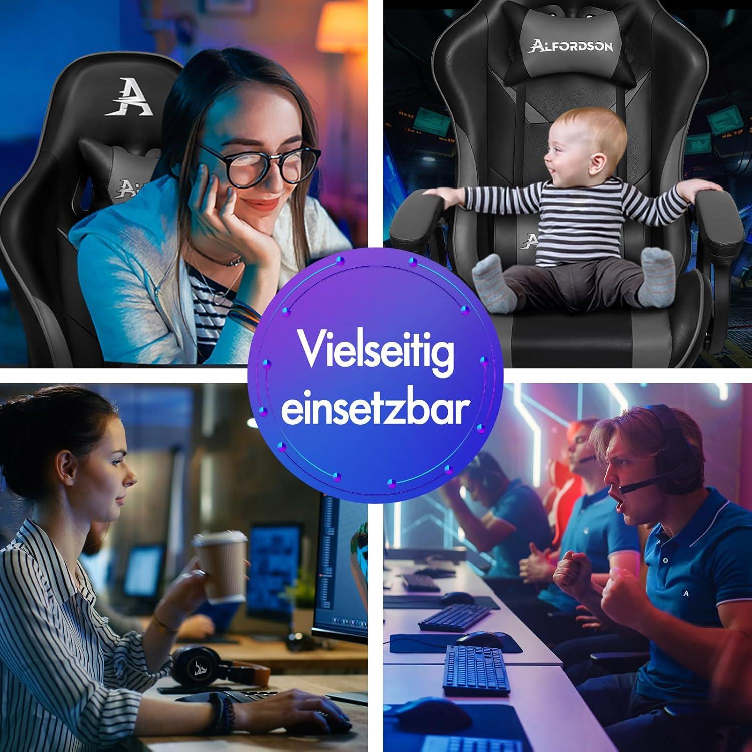 Gaming-Stuhl Racer mit Massage Lendenkissen höhenverstellbar PU-Leder Grau - Xavier Serie