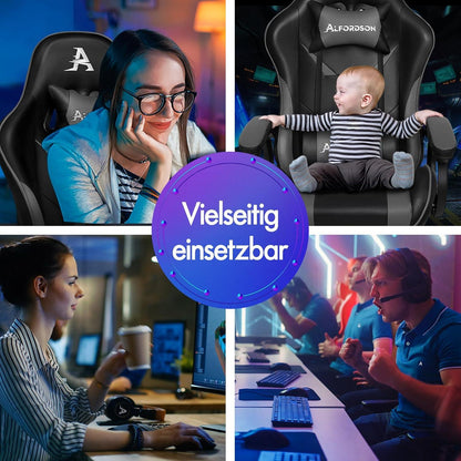 Gaming-Stuhl Racer mit Massage Lendenkissen höhenverstellbar PU-Leder Grau - Xavier Serie