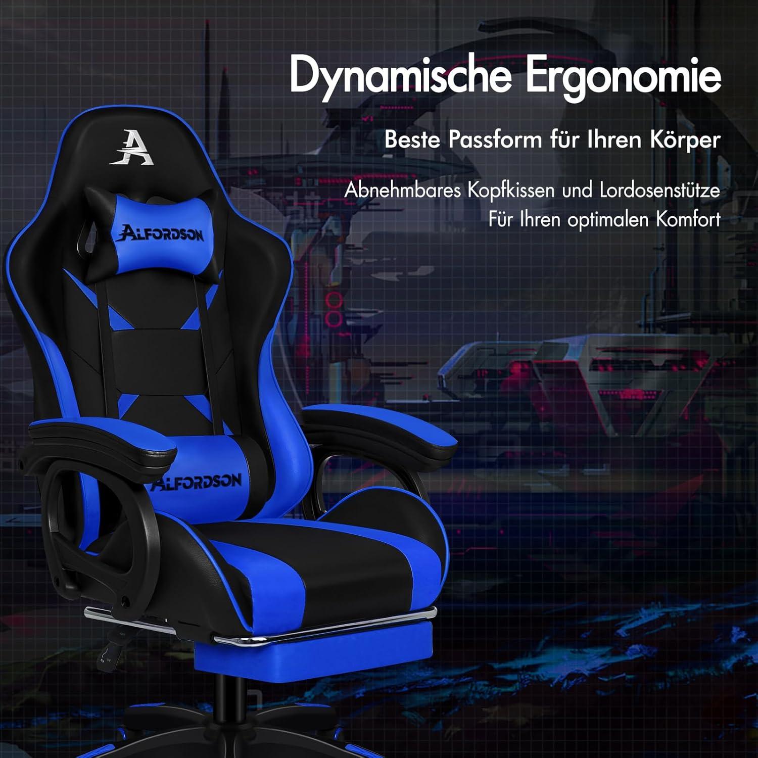 ALFORDSON Gaming-Stuhl mit 2-Punkt-Massage, ergonomisch, höhenverstellbar, PU-Leder Blau Xavier