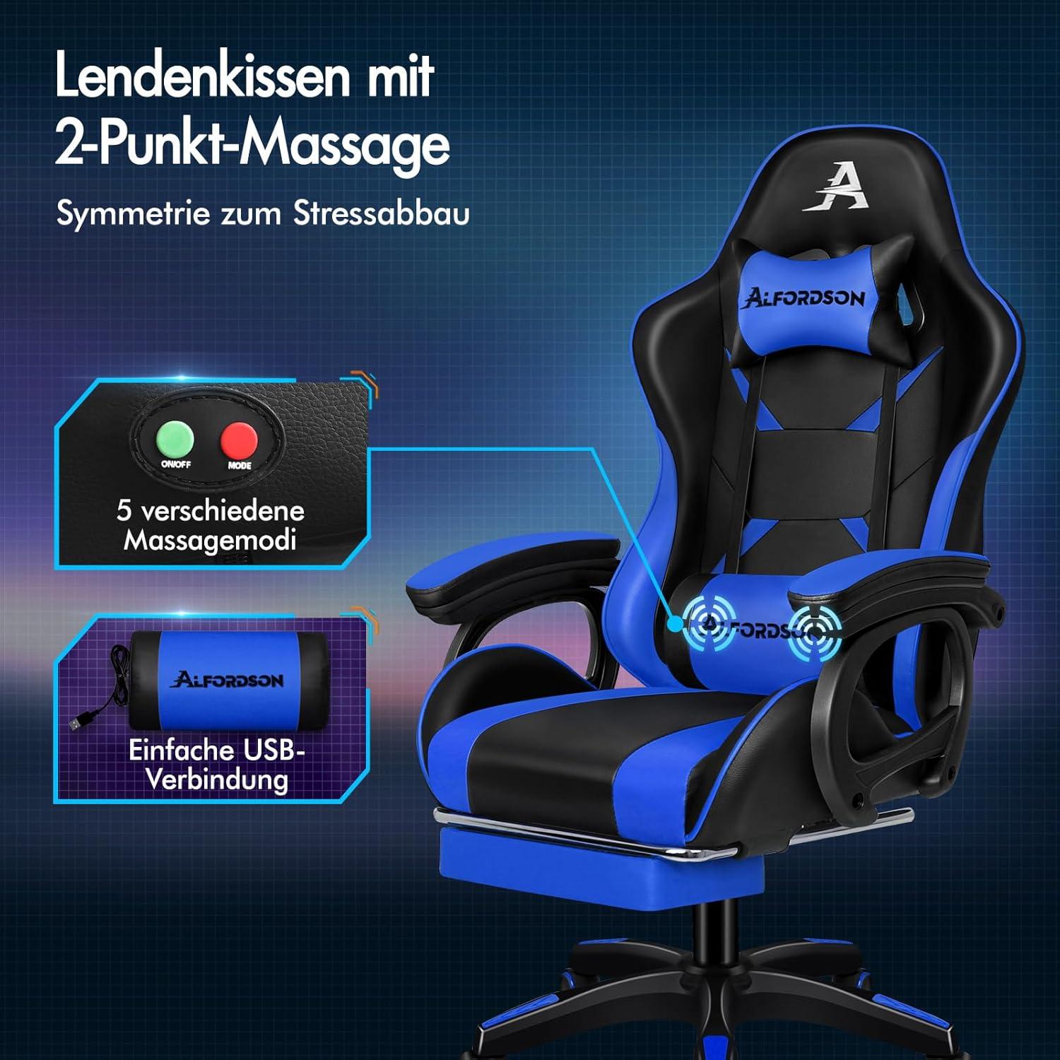 ALFORDSON Gaming-Stuhl Racing-Gamer mit Massage Lendenkissen höhenverstellbar