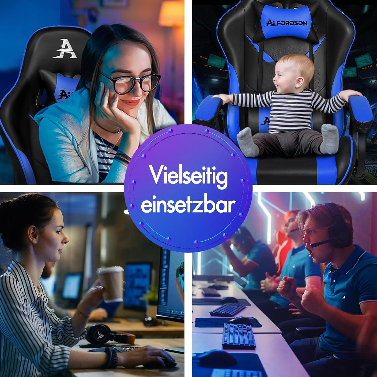 ALFORDSON Gaming-Stuhl mit 2-Punkt-Massage, ergonomisch, höhenverstellbar, PU-Leder Blau Xavier