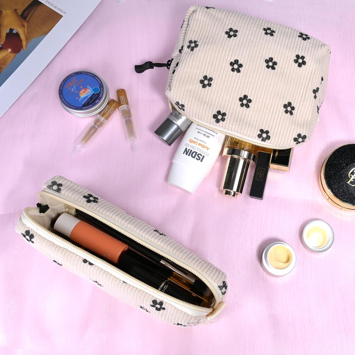 Kosmetiktasche Cord Damen Kulturtasche klein Lächeln Grau 2-teilig