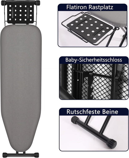 Klappbares Bügelbrett mit Höhenverstellung & großer Eisenablage