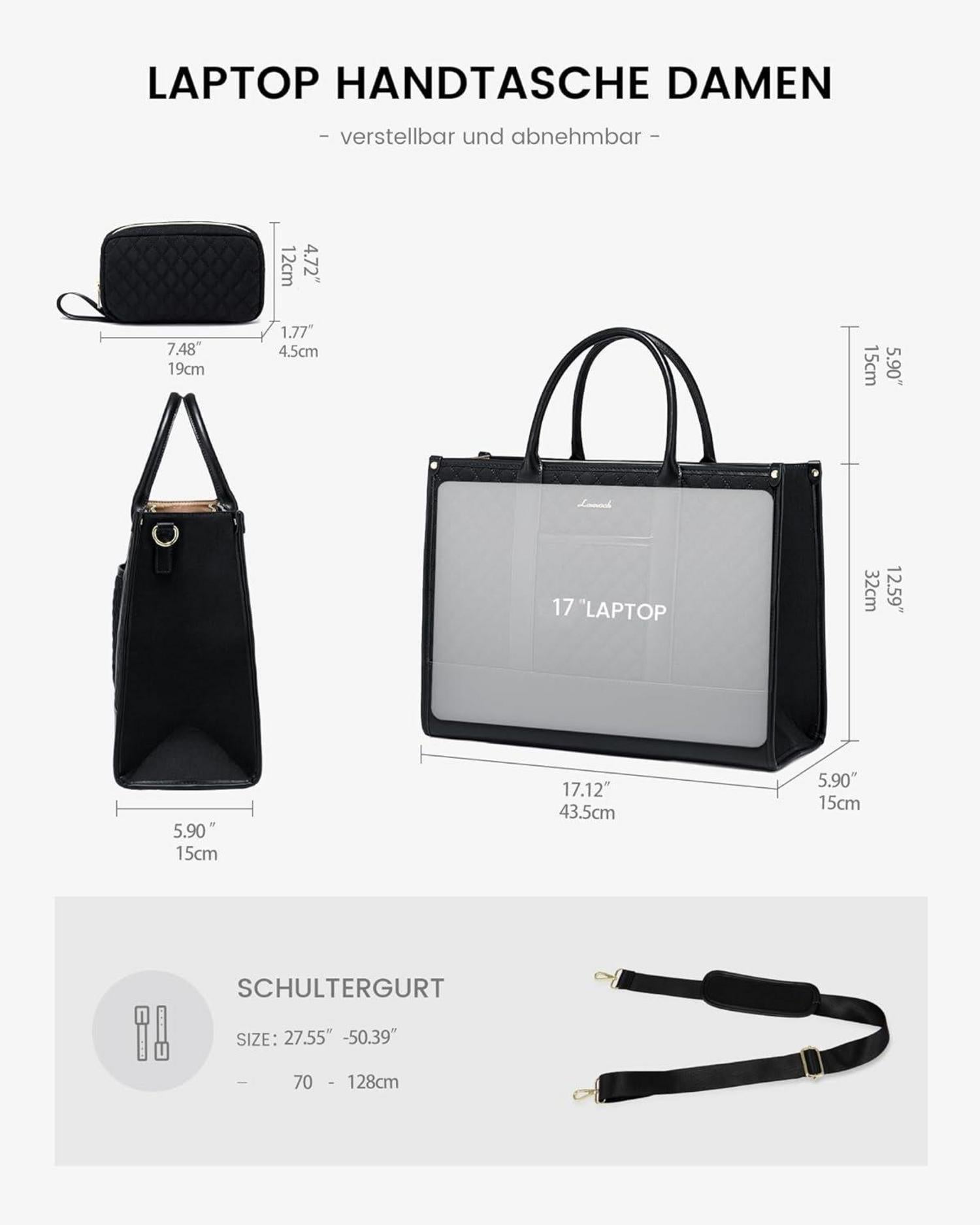 Damen Laptoptasche 17 Zoll Schwarz Wasserdicht Tote Bag Groß Uni Büro