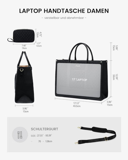 Damen Laptoptasche 17 Zoll Schwarz Wasserdicht Tote Bag Groß Uni Büro
