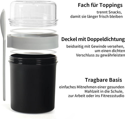 Müsli Joghurtbecher to Go 560ML+220ML mit Löffel Schwarz