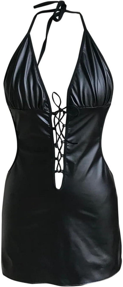 Sexy Leder Wetlook Wetlook Damen Partykleid V-Ausschnitt Bodycon