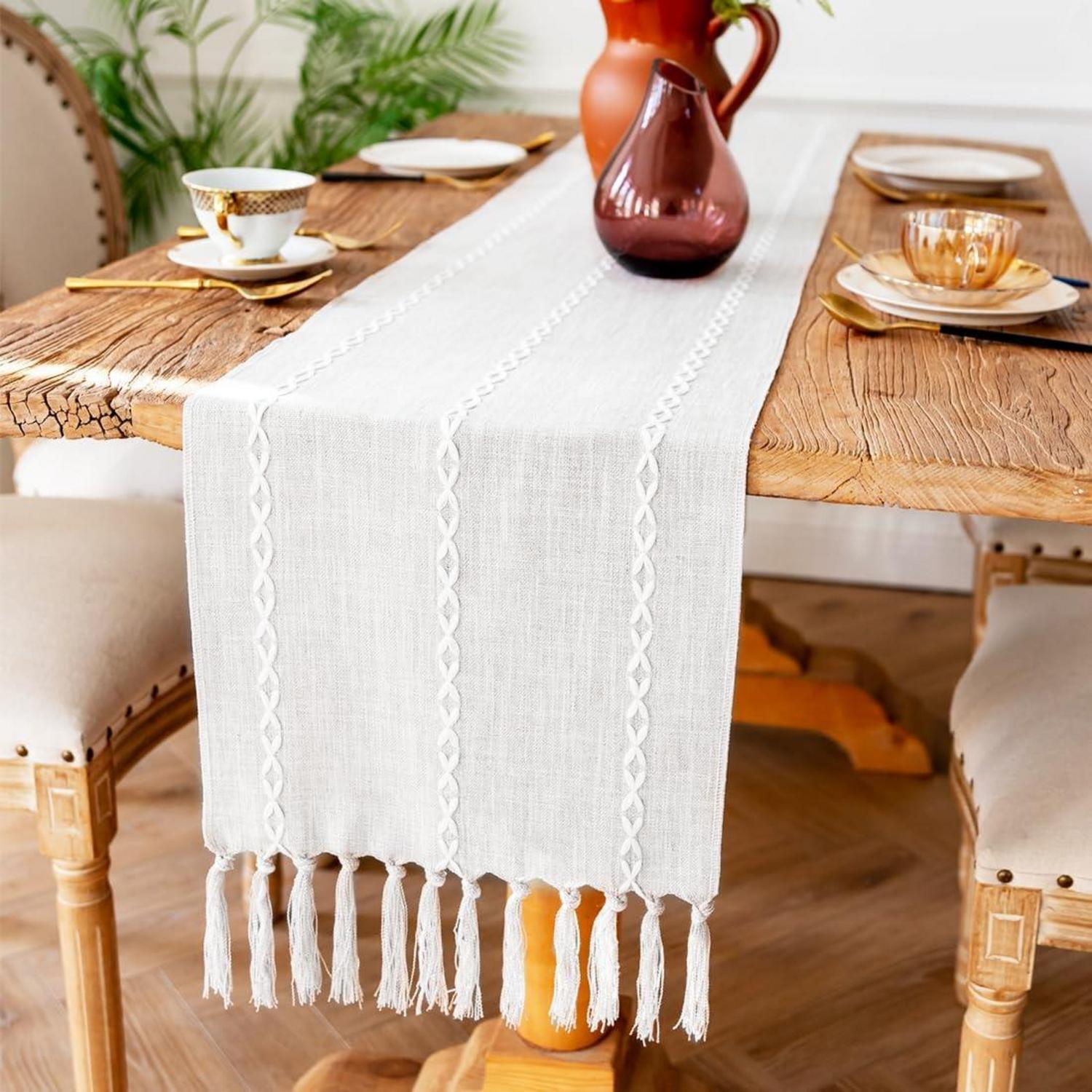 Weiß Leinen Baumwoll Tischläufer Handquasten Quasten Boho Dekor 33x160cm