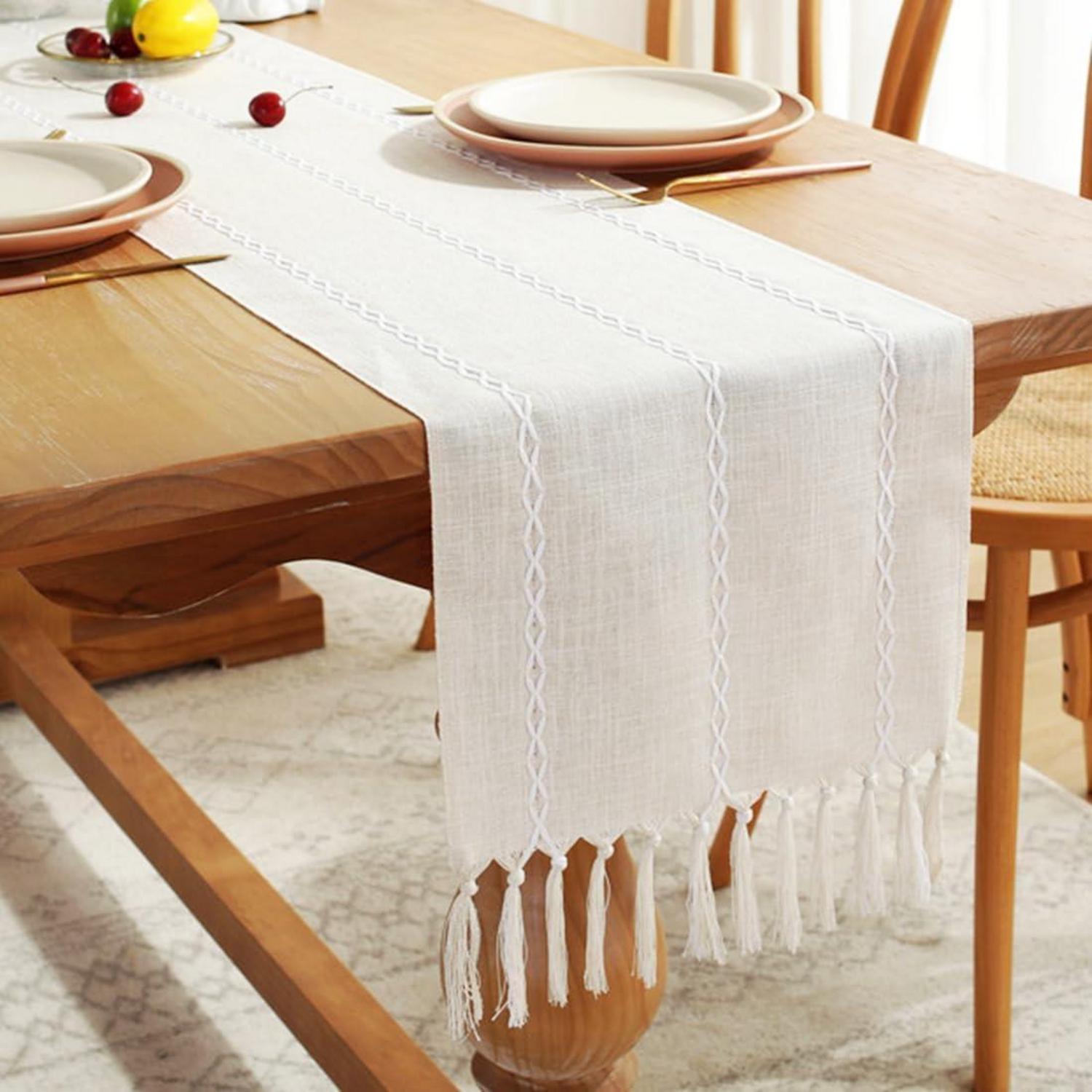 Weißer Leinen Baumwoll Tischläufer mit Quasten, Boho Dekor 33x160cm